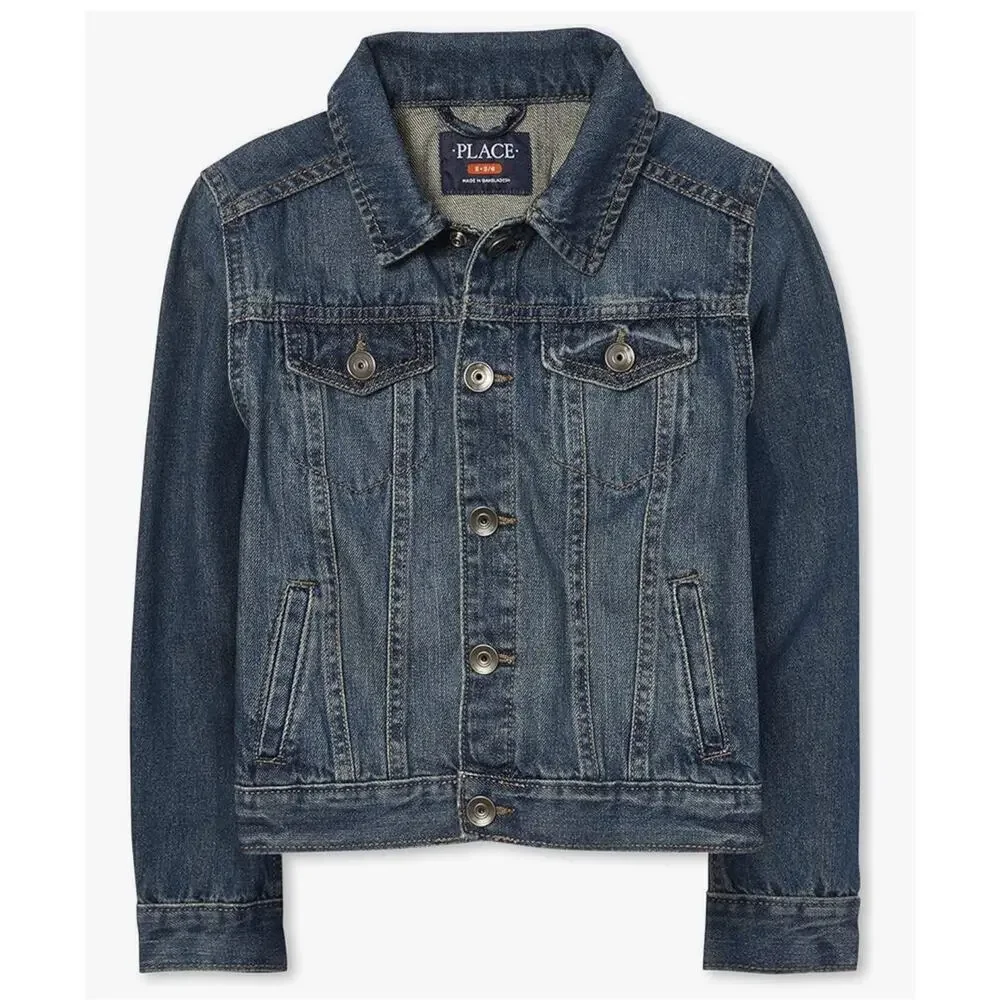 The Children's Place Boys Blue Jean Denim Jacket Silver Buttons Distressed Sz XL